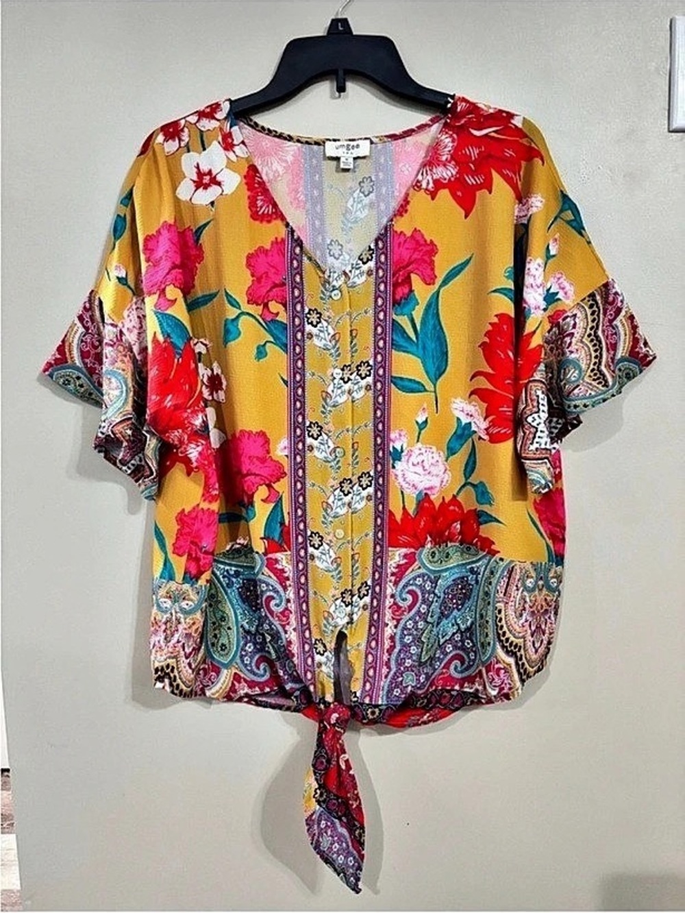 Umgee Floral Tie-Front Blouse in Red & Yellow